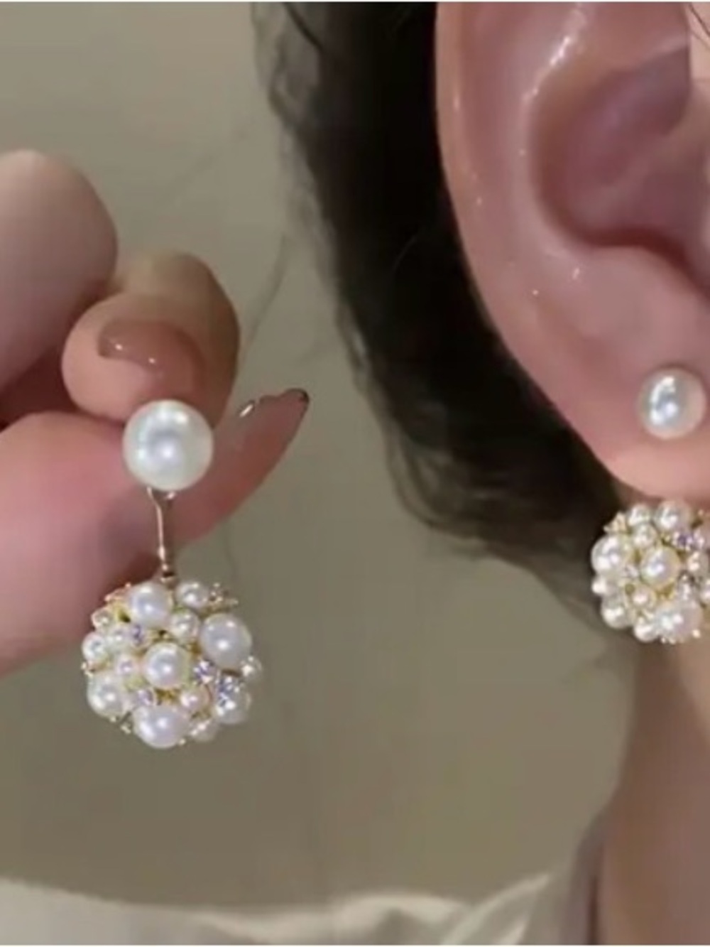 Classic Pearl Cluster Drop Earrings in White and Gold stainless steel.